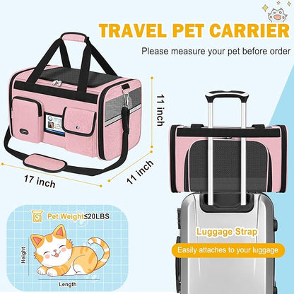HUANLANG Soft-Sided Cat Carrier Airline Approved,Dog Carriers for Small Dogs Medium Cats,Pet Travel Carrier Up to 20 Lbs,Collapsible Cat Bag