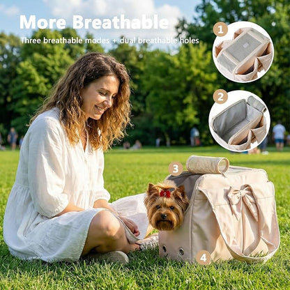 Fashion Dog Purse Carrier for Small Dogs, Soft-Sided Dog Bag Carrier with 4 Large Pockets, No Collapse, Lightweight, Smart Zipper Lock, Comfortable Puppy Cats Rabbit Carrier for Travel,Outdoor(Beige)