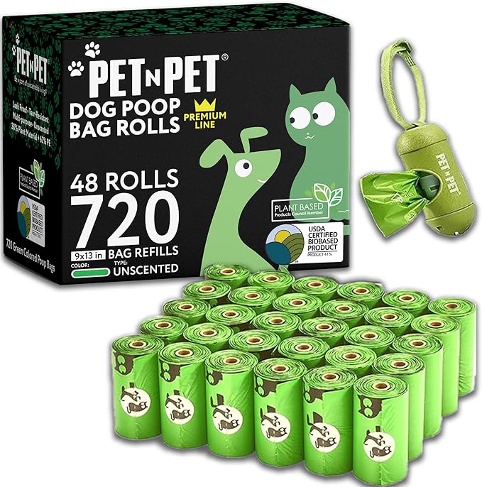 Pet N Pet 720 Counts, Unscented Dog Poop Bags Rolls, 38% Plant Based & 62% PE Poop Bags For Dogs with Dispenser, 48 Rolls Extra Thick Dog Waste Bag, Doggie Poo Bag