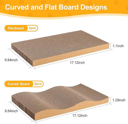 Poils bebe 5 PCS Cat Scratcher with Box, Reversible Cat Scratchers for Indoor Cats, Cardboard Cat Scratcher with Catnip, 2 Curved and 3 Flat Boards for Scratching Bed