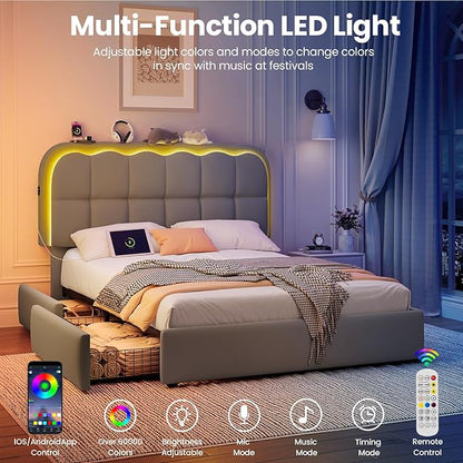 Full Size Bed Frame with 4 Storage Drawers and LED, Adjustable Clouds Headborad, Velvet Upholstered Platform Full Bed Frame with Charing Station, Wood Slats Support, No Box Spring Needed,Grey