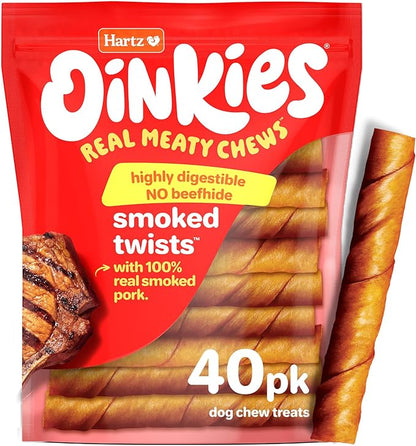 Hartz Oinkies Smoked Twists with Naturally Smoked Pork Rawhide-Free Dog Treats, Highly Digestible Long Lasting Dog Chews, 40 Count