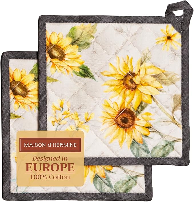 Maison d' Hermine Pot Holders Set 100% Cotton Heat Resistant Potholders 8" x 8" Hot Pads with Loop BBQ, Cooking, Baking, Grilling, Kitchen, Handling Hot Pans Spring/Summer (Pack of 2, Candice)