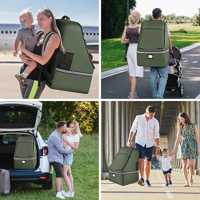 Car Seat Travel Bag,Padded Car Seats Backpack with Steel Cable Handle and Reflective Stripes, Large Durable Carseat Carrier Bag,Airport Gate Check Bag,Infant Seat Travel Bag with Shoulder Strap,Green