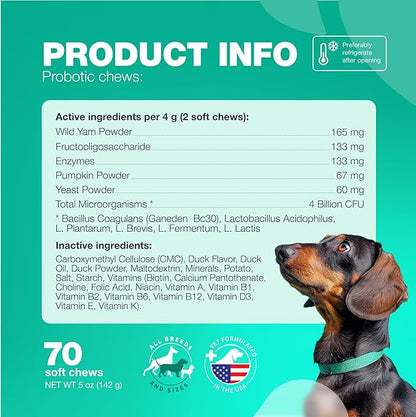 Probiotics for Dogs Gut Health, Digestion, Immunity, Yeast Balance, Itchy Skin, Allergies Support - Dog Probiotic Chews (Travel Pack) with Digestive Enzymes for Gut Flora - Pumpkin and Yeast Powder