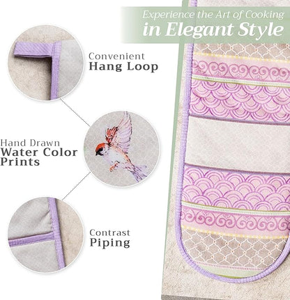 Maison d' Hermine Double Oven Mitts 100% Cotton 7"x35" Double Oven Mitt Heat Resistant BBQ Cooking Gloves with Loop, Baking, Grilling, Home, Kitchen, Handling Hot Pan Spring Summer (Magnolia Mornings)