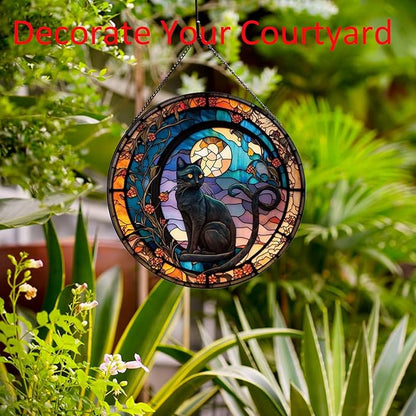 Black Cat Stained Glass Window Hangings,Suncatcher Stained Glass for Windows for Cat Lovers,20cm/7.87inch Hand-Painted Sun Catcher Garden Hangings Halloween Fall Christmas Decor for Home