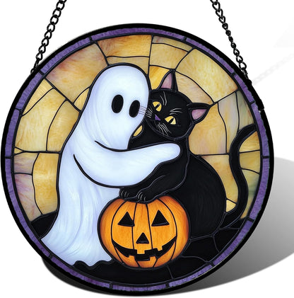 Stained Glass Window Hanging - Halloween Decorations Cute White Ghost Black Cat Suncatcher for Doors Garden Spooky Sun Catchers Gothic Decor Horror Gifts for Women Men Friend Boy 7.8 in