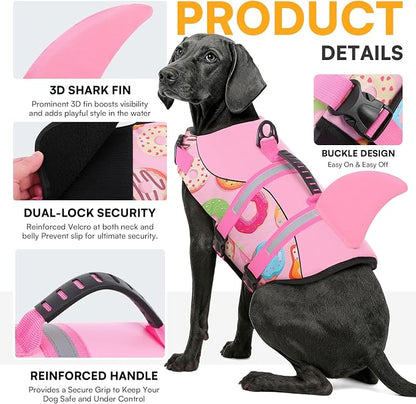 Dog Life Jacket, Dog Life Vest for Swimming, Doggie Shark Swimming Vest with Rescue Handle, Adjustable Reflective Pet Lifesaver Preserver for Small Dogs, Pink Donut S