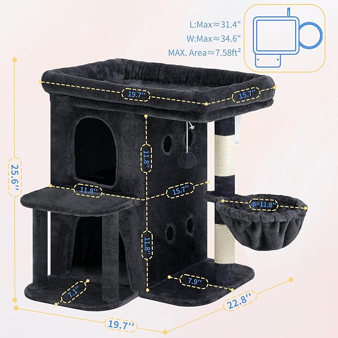 Heybly Cat Tree, 25.6-inch Cat Tower with Spacious Top Perch for Large Cats, Stair-Style Cat House Furniture with Dual-Layer Condos, Sisal Scratching Posts, Cozy Basket & Pompom, Smoky Gray HCT204SG