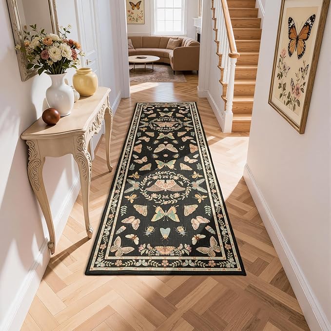 Unirea 2x6 Black Runner Rug, Washable Non Slip Insect Botanical Rug for Hallway, Kitchen, Bathroom, Laundry Room, Entryway, Bedroom, Soft Boho Door Mat Indoor Entrance Bug Rugs, Low Pile Carpet