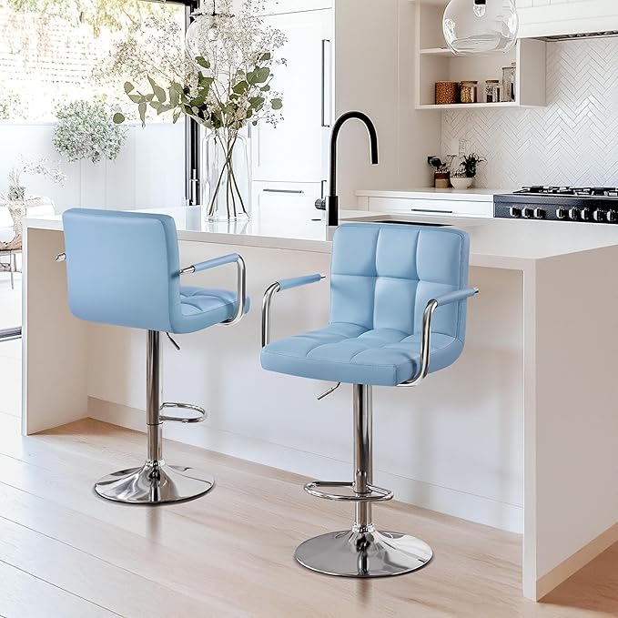 Yaheetech Bar Stools Set of 2, PU Leather Adjustable Swivel Barstools, Hydraulic Kitchen Counter Height Chairs with Armrest and Back for Kitchen, Dining Room, Blue