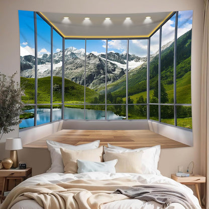 dueeia Window Tapestry Wall Hanging Mountain Forest Lake Nature Landscape Wall Tapestries for Bedroom Office Living Room Wall Decor (59.1"x39.4")