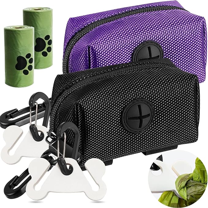 2Packs Dog Waste Bag Dispenser Pet Poop Bags Holder for Doggie Waste Bags Dispensers Soft Fabric Zipper Small Doggy Puppy Pouch for Leash Accessory Attachment with Carrier (Black & Purple)