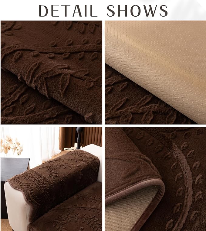 Fuzzy Rabbit Plush Sofa Cover Cozy Warm Sofa Couch Covers with 3D Jacquard Leaf Pattern Non-Slip Easy-to-Install Shaggy Sofa Slipcover Prefect for Kids Dogs Cats Cats(Caramel,36"x94")