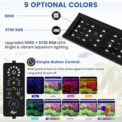 AQQA Full Spectrum Aquarium Plant Light LED Fish Tank Light IP68 Waterproof with 24/7 Natural Mode & DIY RGBW Mode, 9 Colors & 10-Level Brightness Adjustable, 6 Timer Settings for 24"-32" Tank (26W)