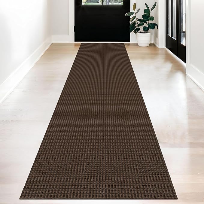 KOZYFLY Long Runners for Hallways 2x12 ft Washable Kitchen Runner Non Slip Rubber Backed Hallway Rugs Cotton Entryway Runner Rug Floor Carpet for Indoor Hall, Backdoor, Kitchen, Reddish Brown/Coffee
