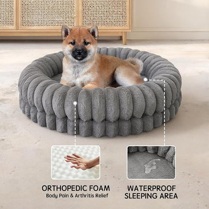 BALANCE Luxury Donut Dog Bed, 30 Inches Round Dog Bed Medium Size Dogs Washable, Orthopedic Calming Dogs Bed for Pets with Anti-Slip Bottom, Gray