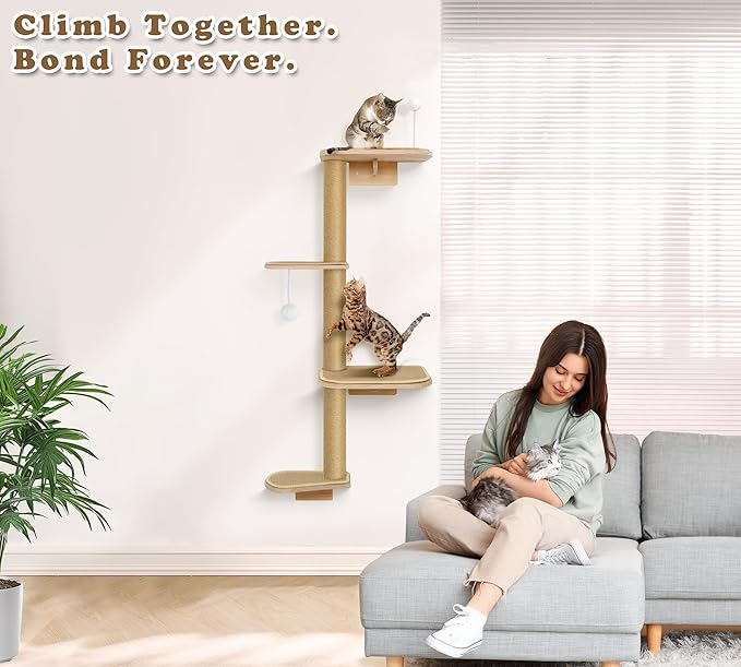 Cat Wall Shelves & Climber for Kittens – 4-Level Wall Mounted Cat Tree with Natural Sisal Pads, Adjustable Tower for Indoor Cats Up to 30lbs, Cat Wall Furniture System