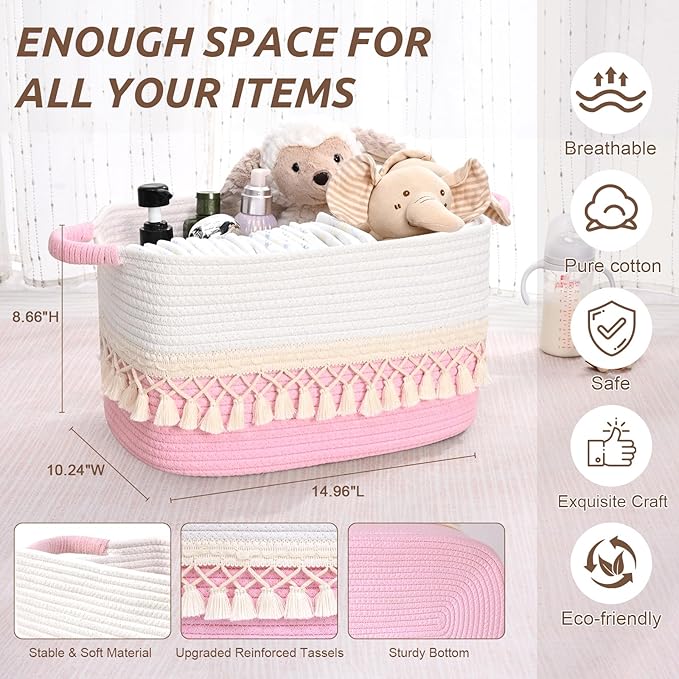 6 Pack Storage Basket for Shelves, Boho Cotton Rope Storage Bins with Heavy Tassel, Shelf Baskets Large Woven Baskets for Organizing, Cube Organizer Bins, Baby Laundry Basket for Clothes, Toys, Pets