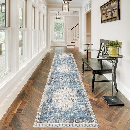 Hallway Washable Runner Rug 2'6x10 - Kitchen Runner Rugs Indoor Non Slip Rugs for Living Room Bedroom Vintage Distressed Mat Stain Resistant Floor Decoration Carpet for Bathroom (2'6''x10', Aqua Blue)