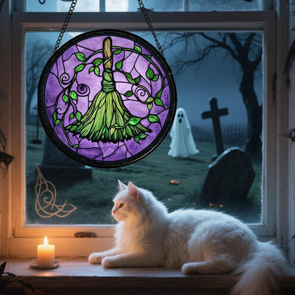 Stained Glass Window Hanging - Halloween Decorations Witch Magic Broom Suncatcher for Doors Garden Indoor Funny Spooky Sun Catchers Gothic Decor Horror Gifts for Women Men Friend 7.8 in