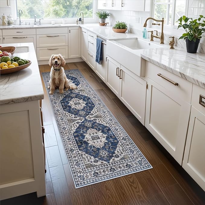 2x6 Washable Hallway Runner Rug: Indoor Farmhouse Kitchen Rugs Oriental Thin Non-Slip Entryway Carpet Ultra Soft Water Resisitant Floor Mat for Living Room Bedroom for Bathroom Laudry(2 X 6,Blue)