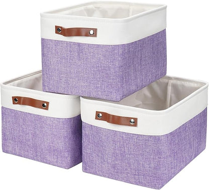 Storage Bins Large Fabric Storage Baskets for Shelves 3 Pack, Decorative Linen Closet Baskets with Handles for Organizing, Shelf, Clothes, Home, Office, 15x11x9.5Inches (Purple&White)