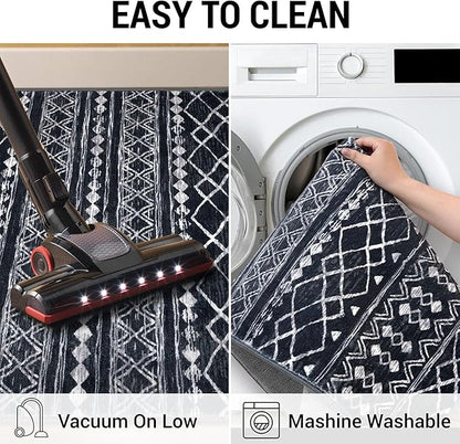 KUTA Moroccan Washable Kitchen Rug, 2x7 Non-Slip Vintage Black Boho Hallway Runner Rugs Ultra Soft Distressed Geometric Floor Carpet Runners for Bedroom Laundry Living Room