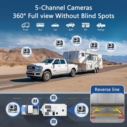 5 Channel Backup Camera System,Carplay & Android Auto,GPS Navigation, Touchable 11 inch Monitor with Loop Recording DVR car Stereo,1080P Rearview Camera for RV/Truck/Trailer Pickup,128GB Card