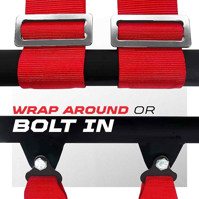 1pc 50 Cal Red 4 Point Harness 2" straps, Racing Harness Seat Belt | Ultra Kush padding, Push Button quick release hardware. Universal Fit for UTV, RZR, race car