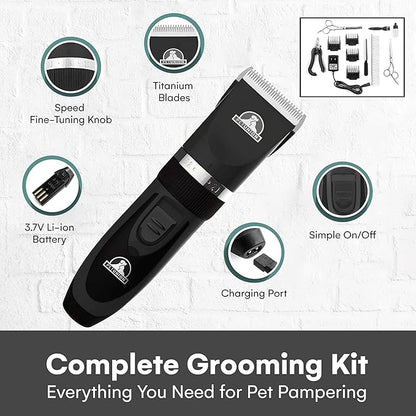 Pet Union Professional Dog Grooming Kit - Cordless Low Noise Dog Clippers for Grooming Thick Coats - All Pet Safe Cat Hair Trimmer - Pet Grooming Kit Includes Dog Hair Clippers, Nail Trimmer & Shears