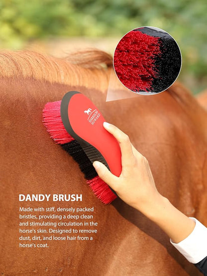 Harrison Howard Horse Grooming Brushes Kit 7 pieces with Organizer Tote Equine Care Series Horse Brush Sets Red