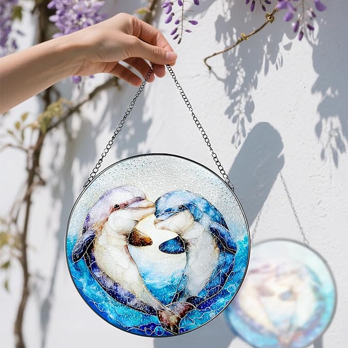 Stained Glass Window Hanging, 8 Inch Dolphin Sun Catcher Decor, Stained Glass Ornament, Suncatchers for Windows Hanging, Window Decor, Dolphin Gifts, Gift for Couples
