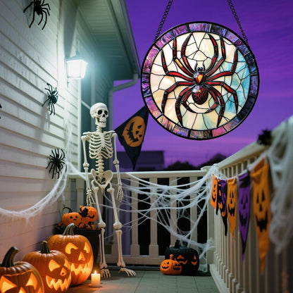 Stained Glass Window Hanging - Halloween Decorations Red Spider Goth Suncatcher for Doors Garden Indoor Funny Spooky Sun Catchers Gothic Decor Horror Gifts for Women Men Friend 9.8 in