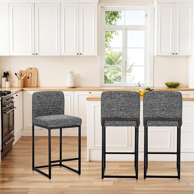ALPHA HOME 24" Bar Stools Set of 2 Kitchen Counter Stools with Back, Counter Height Stools with Upholstered Footrest for Kitchen Island, Metal Steel Frame, Chenille, Black
