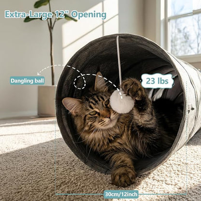 Ownpets Cactus Cat Tunnel 12" with Peek Holes for Indoor Large Cat, Grey | Durable Oxford fabric, noise-free, foldable & connectable, multi-cat friendly, tube for cats up to 20lb, includes ball & wand