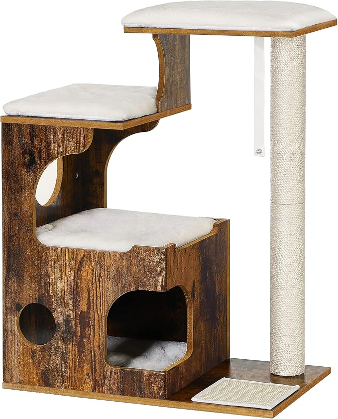 FEANDREA 33.9-Inch Cat Tower, Medium Cat Tree with 3 Beds and Cave, Cat Condo Made of MDF with Wood Veneer, Sisal Post and Washable Faux Fur, Vintage, Rustic Brown and White UPCT70HW