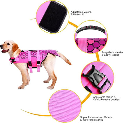 Dog Life Jacket Ripstop Shark Dog Safety Vest Adjustable Preserver with High Buoyancy and Durable Rescue Handle for Small,Medium,Large Dogs, Pink Fish X-Large