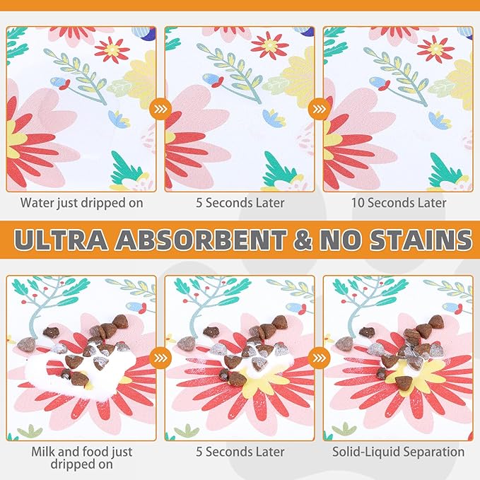 KOOLTAIL Dog Food Mat, 2 Pack Absorbent Pet Feeding Mat for Food and Water Bowls, Placement Pad for Floors with Waterproof Rubber Backing, Quick Dry Water Dispenser Mat for Dogs Cats, Flower, 12"x20"