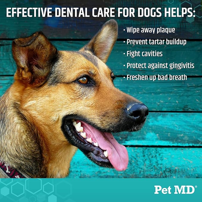 Pet MD Dog Breath Freshener Dental Wipes for Dogs - Tartar and Plaque Remover for Teeth Cleaning - Fresh Apple & Mint Scent Bad Breath Treatment for Dogs - 100 Count