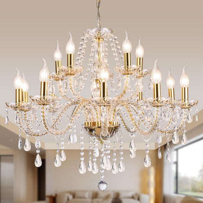 Modern Elegant 15 Lights K9 Crystal Glass Chandelier Golden Pendant Ceiling Lighting European Style for Dining Living Room Bedroom Transparent,15 E12 Bulbs Required