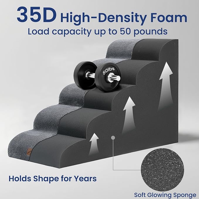 GoGoBunny Ramp Dog Stairs for High Beds 22.6" H, 5-Step Dog Slope Stairs with Durable Waterproof Fabric Cover, Pet Steps for Old Large Dogs Climbing, Non-Slip Sturdy Indoor Step, Grey