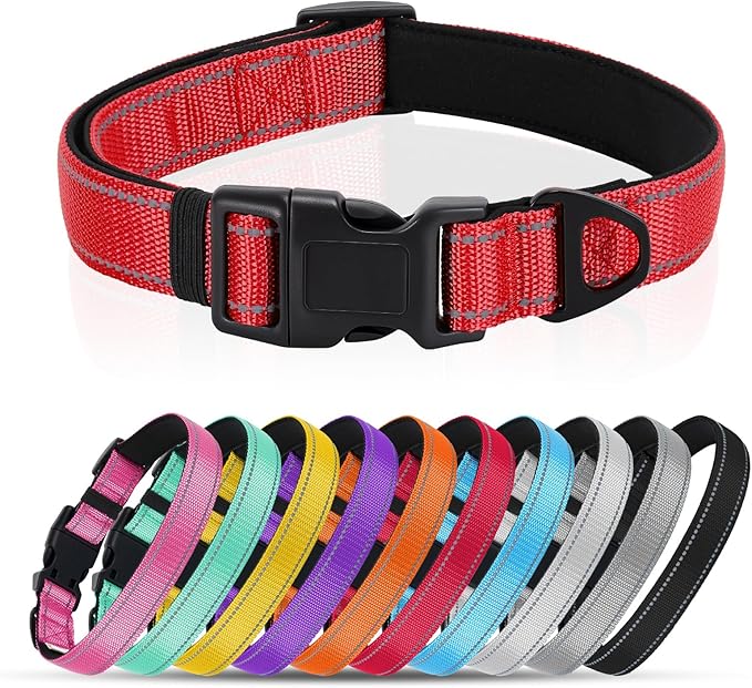 Reflective Dog Collar with Quick Release Buckle - Metal Ring - Adjustable Soft Neoprene Padded Basic Dog Collar for Small Medium Large Dogs (Red, Large :Width 1",Neck 15.7-23.6")
