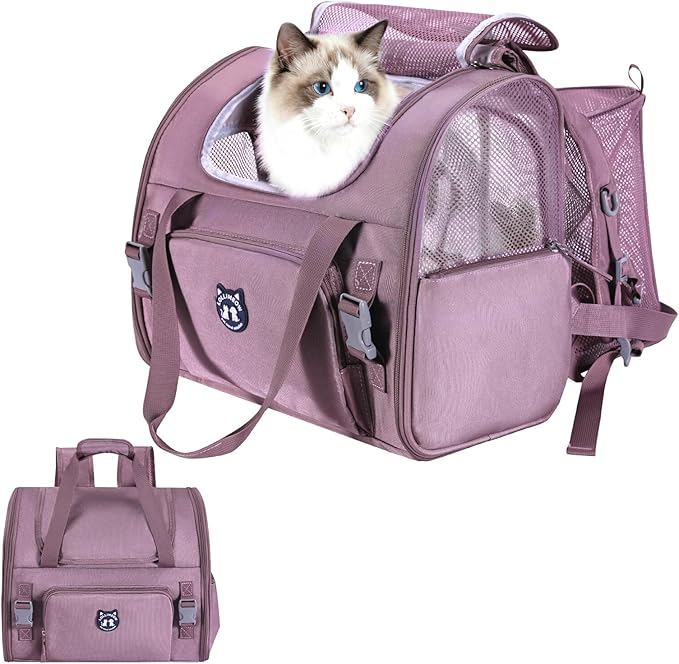Lollimeow Expandable Cat Carrier Backpack for Large Cats - Airline Approved Pet Carrier Backpack for Small Dogs, Hiking & Travel, Waterproof with Breathable Mesh, 14lbs Capacity (Plum, Standard)