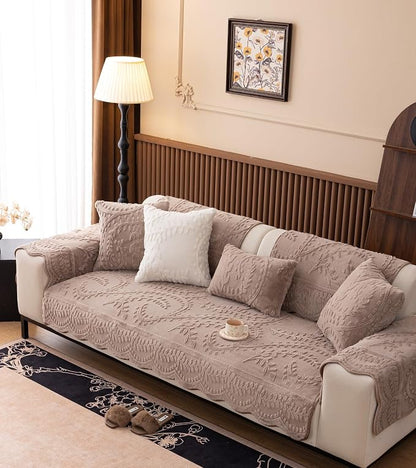 Fuzzy Rabbit Plush Sofa Cover Cozy Warm Sofa Couch Covers with 3D Jacquard Leaf Pattern Non-Slip Easy-to-Install Shaggy Sofa Slipcover Prefect for Kids Dogs Cats Cats(Cream Coffee,36"x94")
