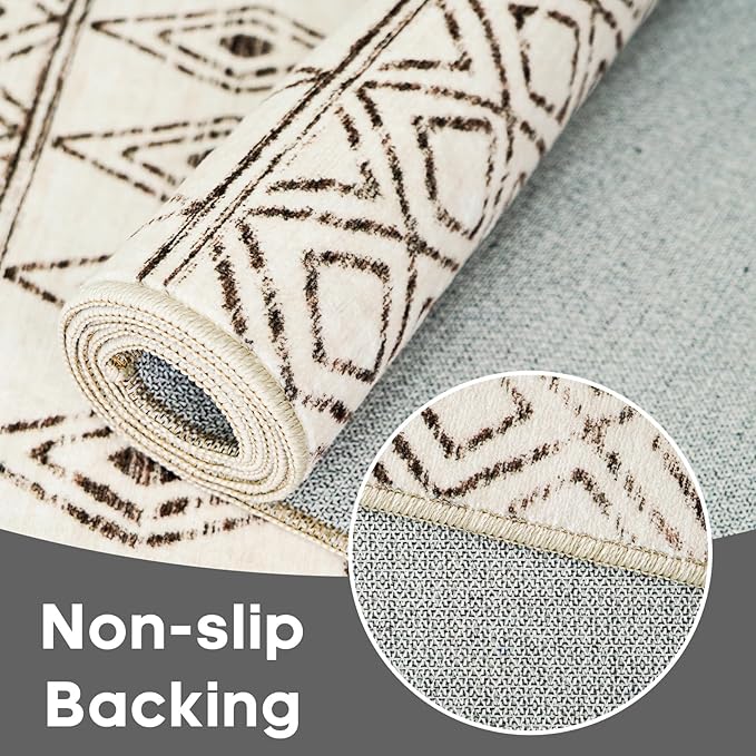 3x6 Washable Kitchen Runner Rug: Non Slip Moroccan Hallway Runners - Low Pile Soft Farmhouse Neutral Carpet for Bedroom Entryway Laundry 3x6 Geo Beige