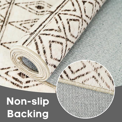 3x6 Washable Kitchen Runner Rug: Non Slip Moroccan Hallway Runners - Low Pile Soft Farmhouse Neutral Carpet for Bedroom Entryway Laundry 3x6 Geo Beige