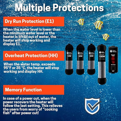 AquaMiracle Upgraded 15W Small Aquarium Heater Fish Tank Heater Turtle Heater Super Mini Aquarium Heater, Dry-Run/Overheating Protection and Memory Function, Dual LED Display, for 1-3 Gal Tanks