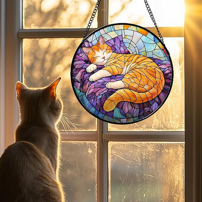Stained Glass Window Hanging Sleeping Orange Cat 7.8" - Memorial Gift Suncatcher Door Sun Catcher Decor Birthday Christmas for Lost Pets Mom Men Woman Friend